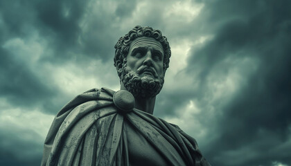 Fototapeta premium Cena cinematográfica da estátua do filósofo estoico Marco Aurélio em frente a um templo romano antigo com nuvens tempestuosas ao fundo IA Generativa