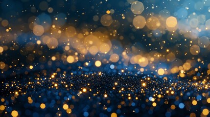 Obraz premium Abstract background with dark blue and gold particles. Golden Christmas lights shine bokeh particles on dark blue background. gold foil texture
