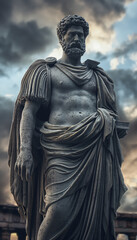 Fototapeta premium Cena cinematográfica da estátua do filósofo estoico Marco Aurélio em frente a um templo romano antigo com nuvens tempestuosas ao fundo IA Generativa