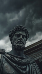 Cena cinematogr&aacute;fica da est&aacute;tua do fil&oacute;sofo estoico Marco Aur&eacute;lio em frente a um templo romano antigo com nuvens tempestuosas ao fundo IA Generativa