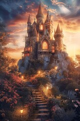 Captivating castle surrounded by vibrant flowers at sunset, creating an enchanting scene