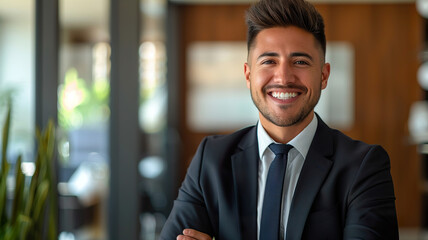 Fototapeta premium A man in a suit and tie is smiling and posing for a picture, generative ai image.