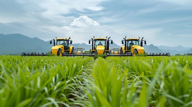 Energetic scene capturing farmers utilizing state-of-the-art agricultural technology amidst picturesque natural settings. Height Resolution Photo, , Minimalism,