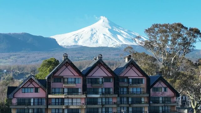 Villarrica Volcano At Pucon Los Lagos Chile. Turquoise Ocean Waves Gently Crashing On Tropical Beach. Town Sky Backgrounds Urban. Town Drone View Up Above. Pucon Los Lagos.