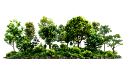 Forest landscape with tall green trees and shrubs. Isolated on a transparent background.