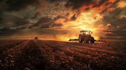 Fototapeta premium Photo of an agricultural worker with a tractor Plowing fields with a tractor at sunset