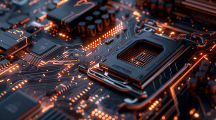 Fototapeta premium Close-up of a motherboard, showcasing intricate electronic circuitry and technology advancement