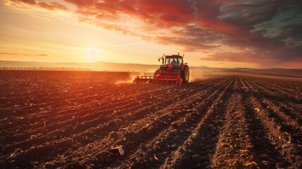 Fototapeta premium Photo of an agricultural worker with a tractor Plowing fields with a tractor at sunset