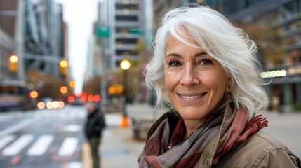 Fototapeta premium Photograph of attractive smiling, white-haired adult woman posing on a city street, looking at the camera.