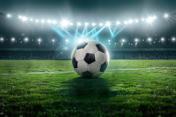 Fototapeta premium A soccer ball is on the field in front of a stadium, generative ai image.