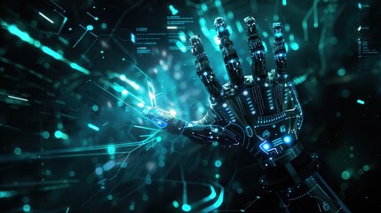 A digital art banner featuring an AI robot hand.