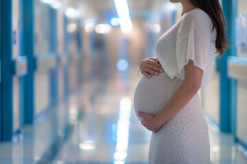 Pregnant woman in hospital corridor, expectant mother, maternity care, medical facility, pregnancy, healthcare, prenatal care, expecting, childbirth preparation, motherhood concept