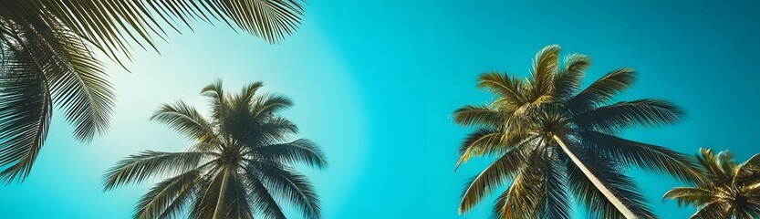 Ultrawide blue sky and palm trees shot from below, summer panoramic background tropical travel concept for web banner and vintage style.