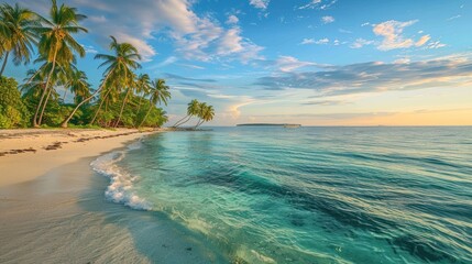 Tropical beach with white sand and clear blue water.