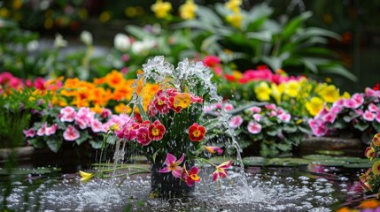 colored water jet in a garden full of flowers, taking advantage of the natural colors of the environment. generative ai