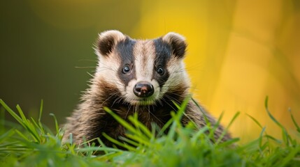 Photograph of a badger, Meles meles, a solitary mammal in the grass.