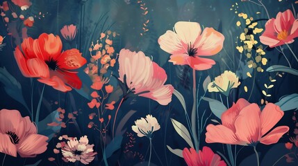 Floral Illustration with Vibrant Hues on a Dark Background
