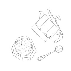 Sketch of a small coffee pot with coffee and a small spoon with coffee, black and white illustration