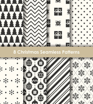 Set of Christmas seamless patterns in black and white. Including trees, snowflakes, gift boxes, ornaments, and basic geometric patterns. Perfect for gift wrapping, stationeries, backgrounds, and more.