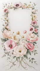 Blushing Blooms Frame:  A delicate golden frame adorned with a cascade of soft pink poppies and delicate foliage, perfect for elegant invitations, romantic announcements, or springtime designs. 