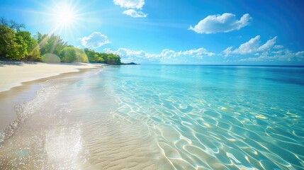 Obraz premium A pristine beach landscape with crystal clear sea water and sparkling white sand under the bright sun AI generated