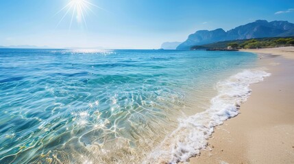 Obraz premium A pristine beach landscape with crystal clear sea water and sparkling white sand under the bright sun AI generated