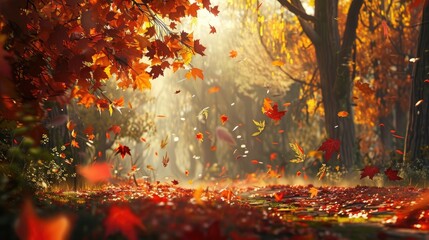 Autumn forest with vibrant red, orange, and yellow leaves falling to the ground AI generated
