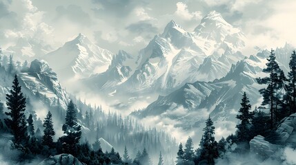 Engraved mountain range with detailed rock formations and trees, forming a majestic natural backdrop