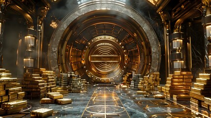 Bank vault background with a central golden safe, surrounded by money and gold bars.
