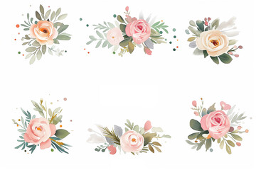 A beautiful vector pink roses, A fresh bunch of flowers set, as a flat illustration, with a pastel pink and white color scheme