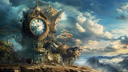 Explore the idea of time as a code to unlock hidden dimensions or secrets within the surreal landscape surrounding the clock.