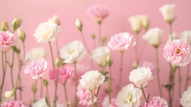 A cluster of delicate pink and white Lisianthus flowers against a pale pink backdrop.