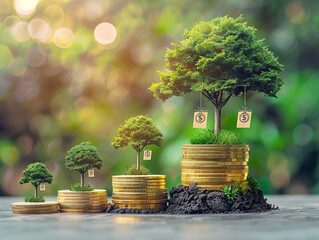 Coins and plants are grown on a pile of coins for finance and banking. The idea of saving money and increasing finances.