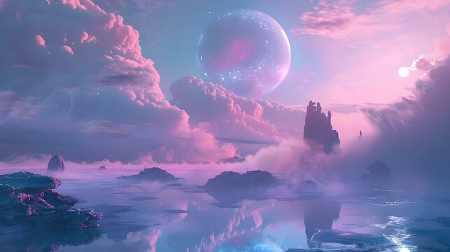 Alien planet landscape with bioluminescent flora and twin moon