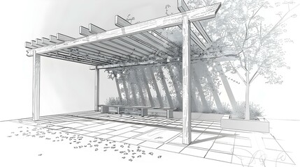 Linear architectural sketch of pergola with bench