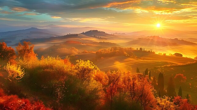 Beautiful autumn landscape in Tuscany, Italy at sunrise