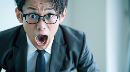 驚いた表情のスーツを着たアジア人ビジネスマン