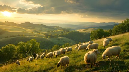 Herd of sheep with shepherd in countryside landscape