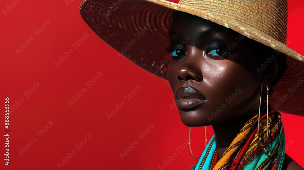 Wall mural A fashion photo of an African woman wearing a wide brim hat and colorful scarf against a red background.