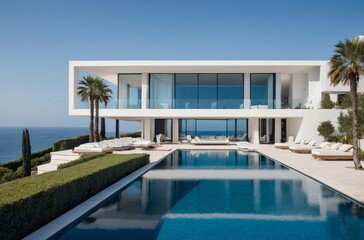 Fototapeta premium Pristine white modern villa with infinity pool and sea view