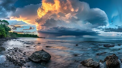 Evening dramatic sky with storm clouds over stormy ocean