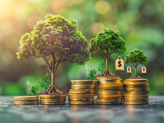 Coins and plants are grown on a pile of coins for finance and banking. The idea of saving money and increasing finances.