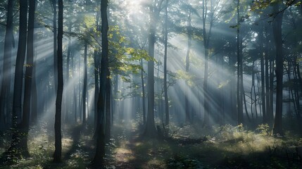 Mist in forest with sunbeam rays