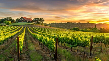 Fototapeta premium Picturesque vineyard with rows of grapevines and a rustic winery at sunset AI generated