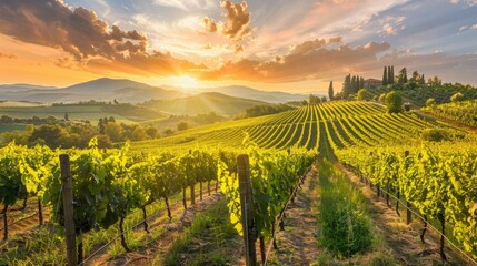 Fototapeta premium Picturesque vineyard with rows of grapevines and a rustic winery at sunset AI generated