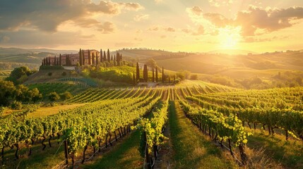 Fototapeta premium Picturesque vineyard with rows of grapevines and a rustic winery at sunset AI generated