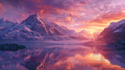 Sunset over a serene mountain lake with reflections of the peaks in the water AI generated