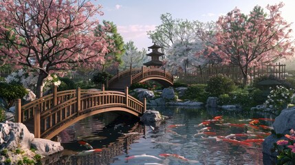 Tranquil Japanese garden with a koi pond, wooden bridge, and cherry blossoms AI generated