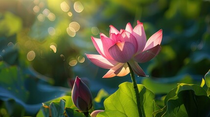 Obraz premium Vibrant lotus flower with sunlight highlighting its petals AI generated