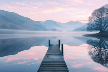 Serenity at Dawn: Tranquil Lakeside Reflections with Misty Mountains and a Soothing Wooden Dock